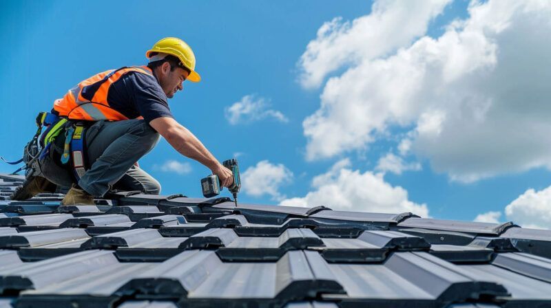 Worker in hard hat and safety vest repairs roof shingles under a blue sky.