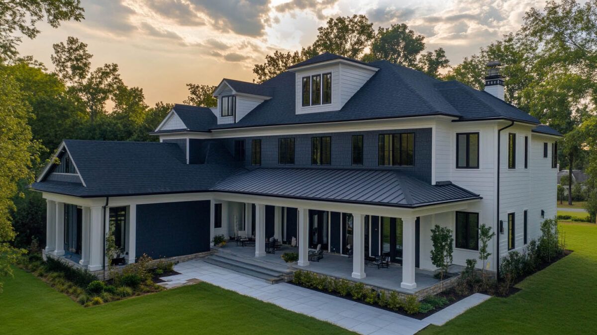Large white two-story house with dark roof, front porch, and garage, surrounded by trees and a green lawn at sunset
