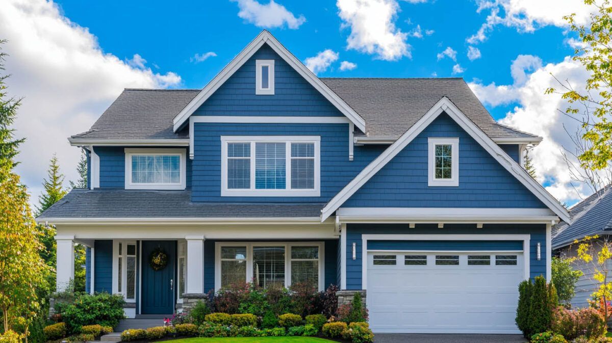 Blue two-story suburban house with white trim, front porch, and attached garage under a partly cloudy sky