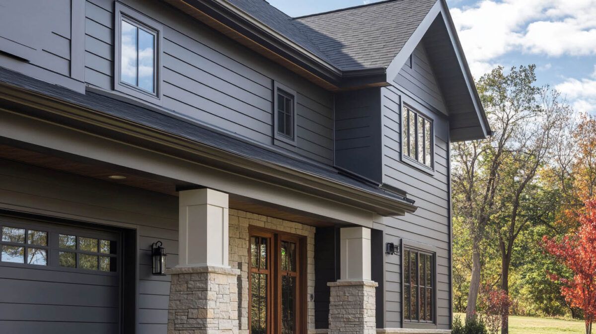 Two-story gray house exterior with stone columns, garage, and autumn trees in the background