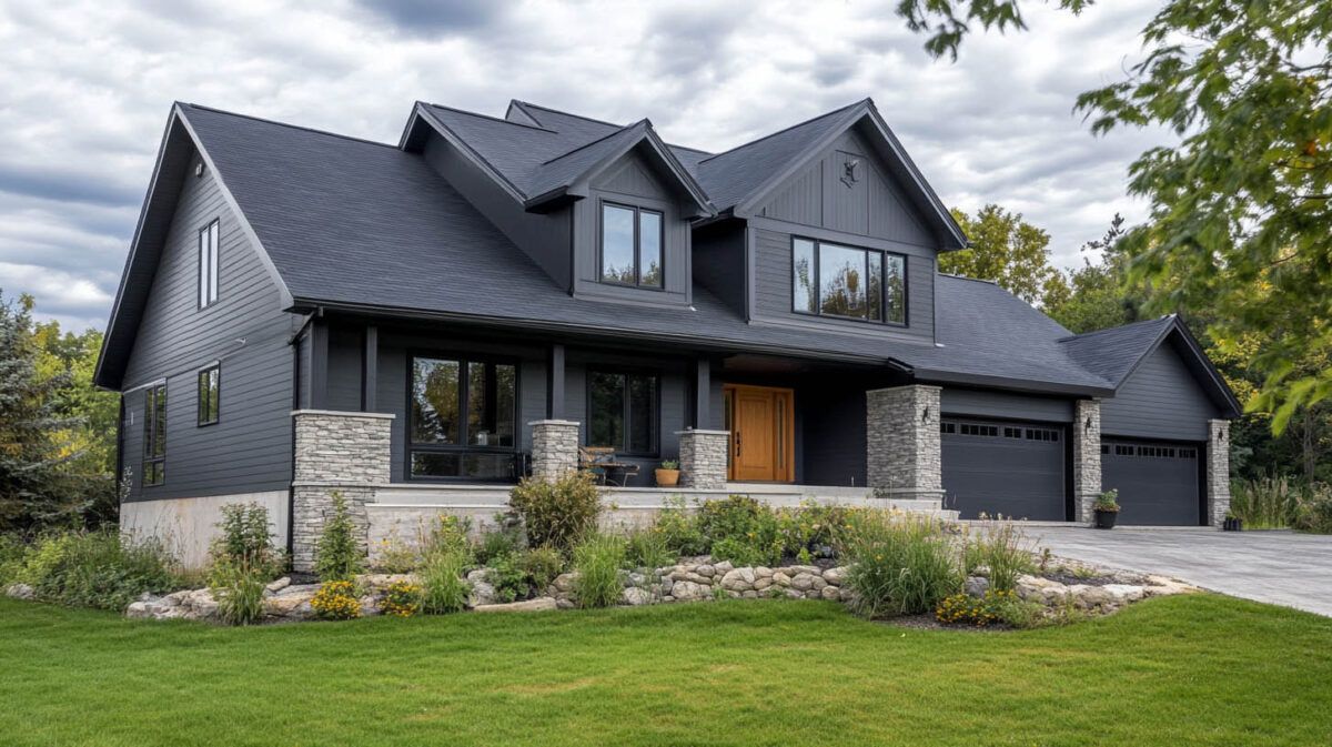 Modern dark-gray house with stone porch, garage, and manicured lawn under cloudy sky