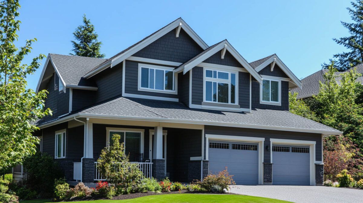 Two-story gray house with white trim, front porch, and double garage surrounded by trees and landscaping