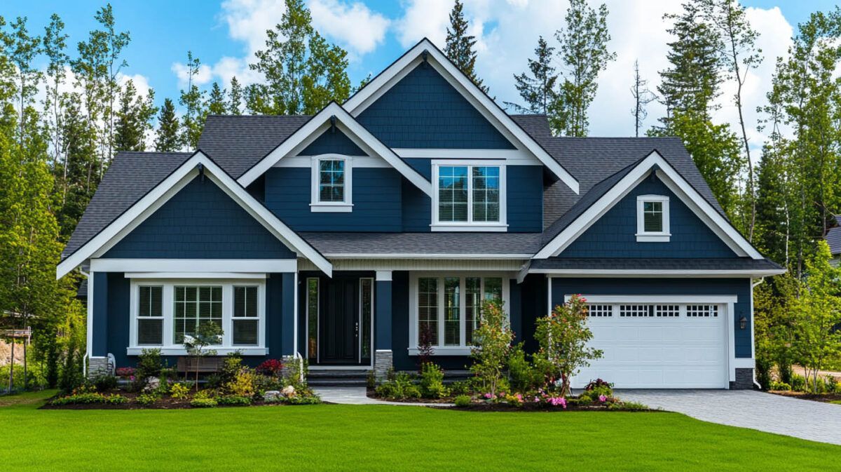 Dark blue suburban house with white trim, garage, and manicured green lawn under a bright sky