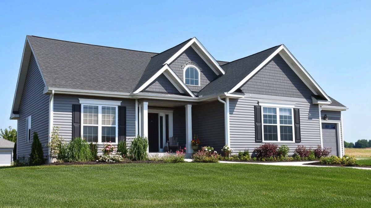 Gray suburban house with a manicured lawn and flower beds under a blue sky