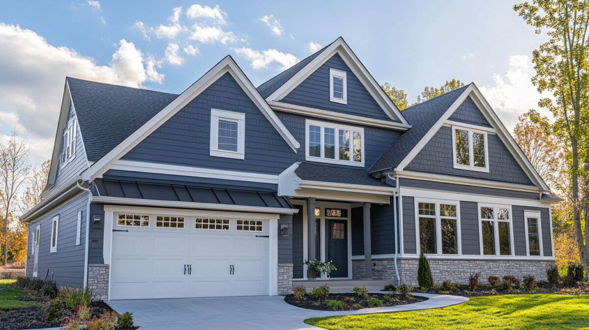 Gray suburban house with white trim, dormer windows, a two-car garage, and a front porch