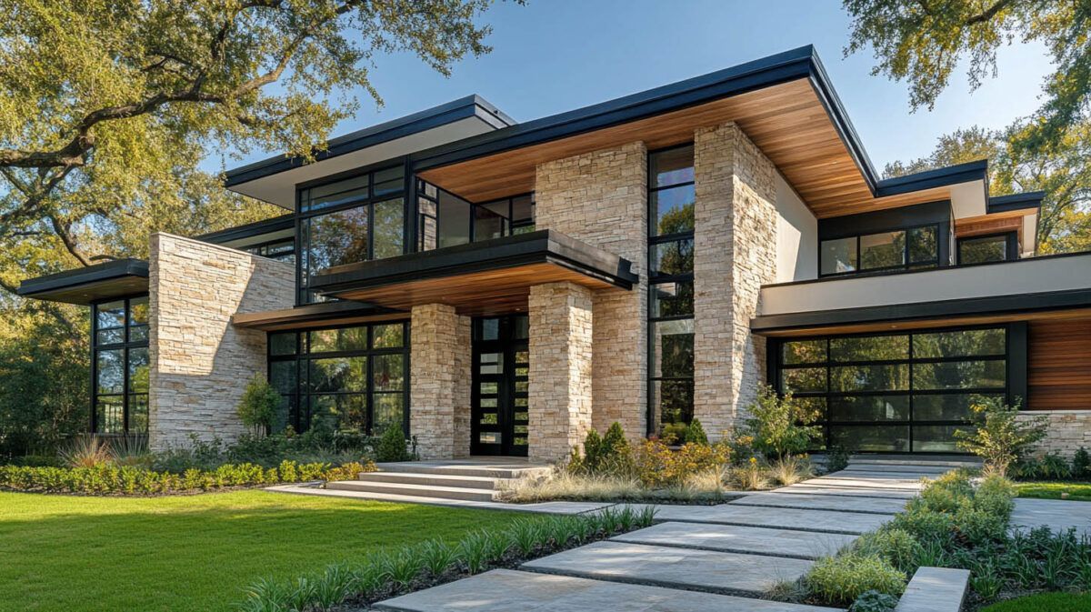 Modern two-story stone and wood house with large windows, driveway, and landscaped front yard