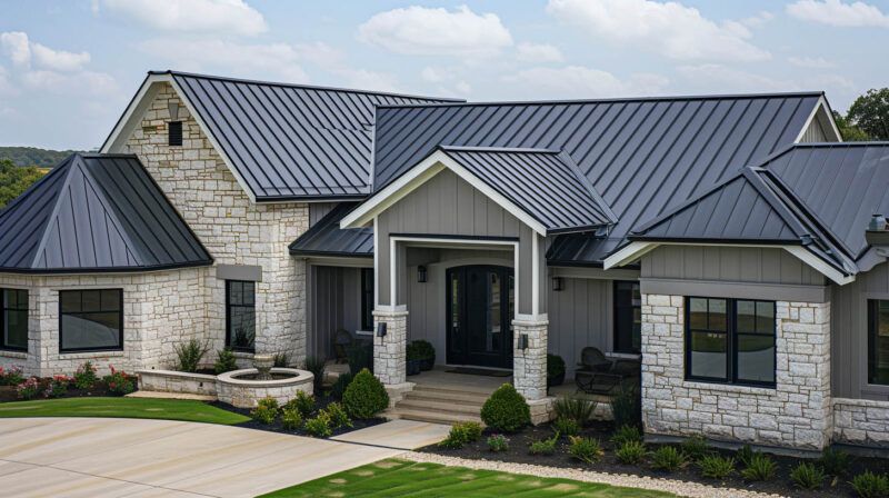 Modern stone house with dark metal roof, front porch, and landscaped yard