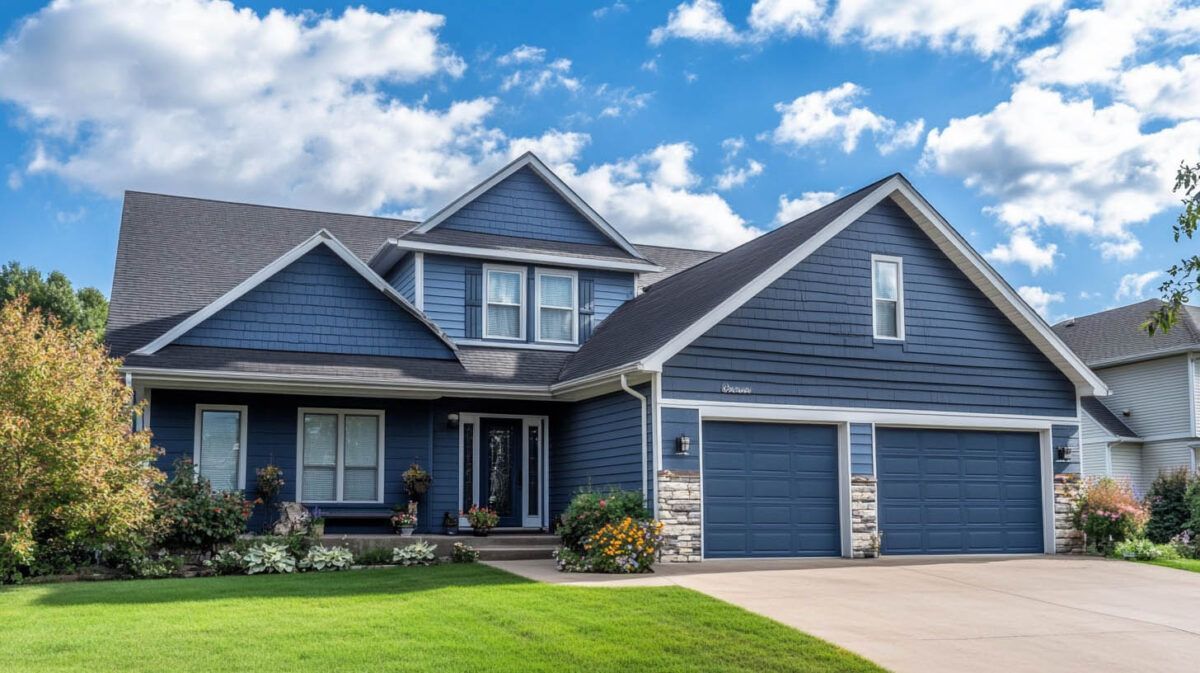 Blue-gray suburban house with a two-car garage, front porch, and manicured lawn under a bright sky