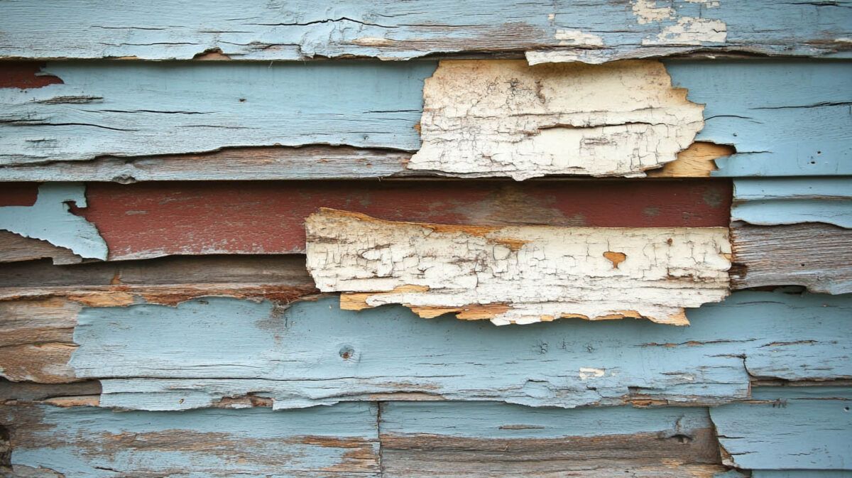 Peeling blue and white paint on weathered wooden boards