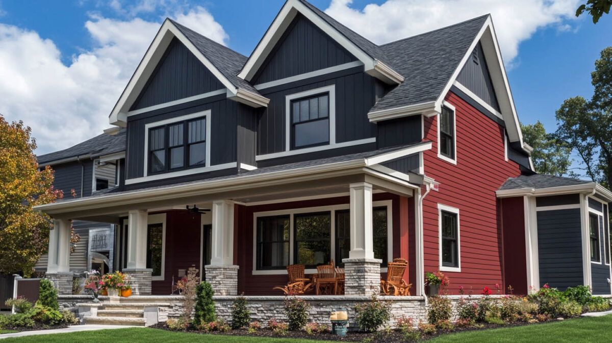 Modern two-story house with red siding, dark gray roof, and a front porch surrounded by landscaping