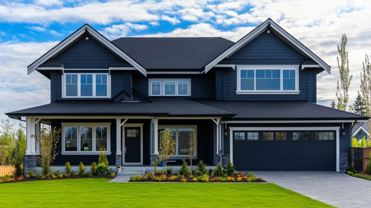 Modern two-story dark blue house with stone accents, large windows, and a double garage under a cloudy sky