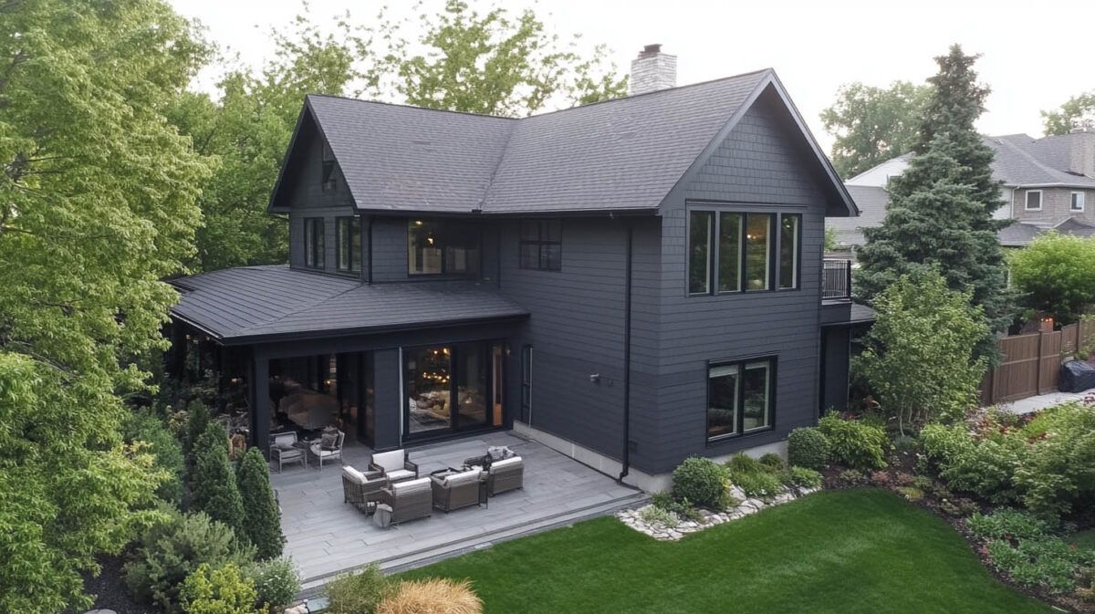 Dark gray two-story house with a covered patio, outdoor seating, and a green lawn surrounded by trees.