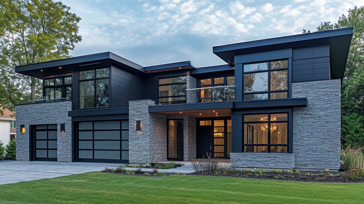 Modern two-story stone house with dark trim and large windows at dusk