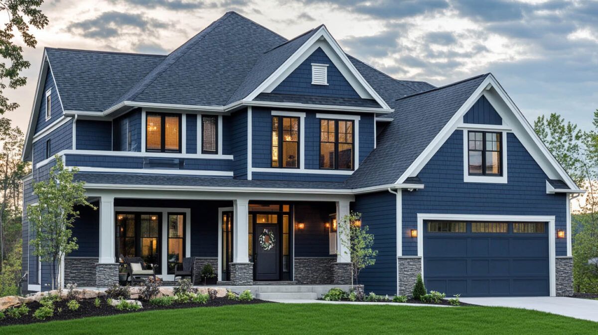 Blue two-story suburban house with lit windows, front porch, and attached garage at dusk