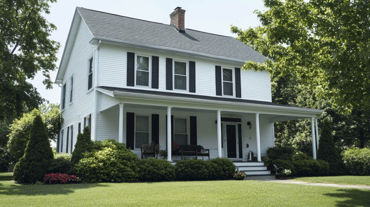 White two-story farmhouse with black shutters and a covered porch, surrounded by a green lawn and trees.