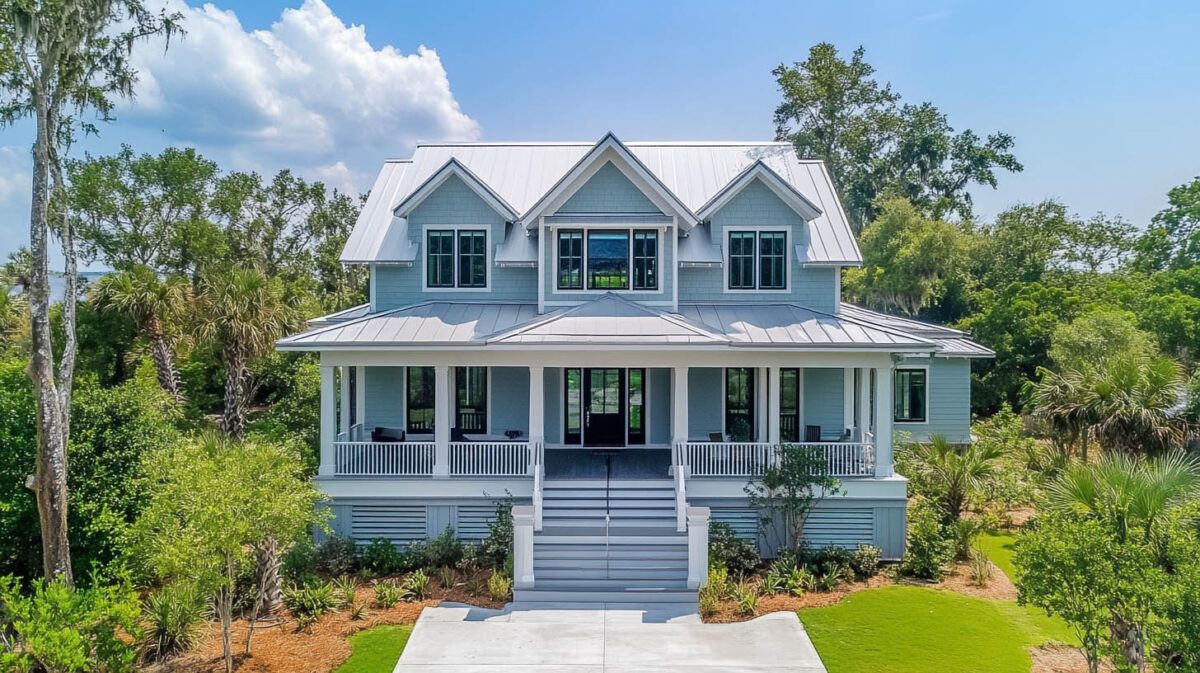 Two-story white house with blue shutters, front porch, and landscaped yard under a bright sky