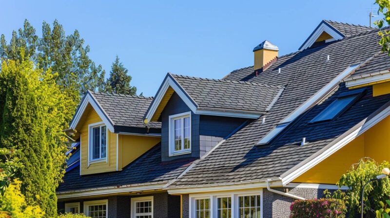 Yellow house with blue roof and dormer windows surrounded by green trees under a clear sky