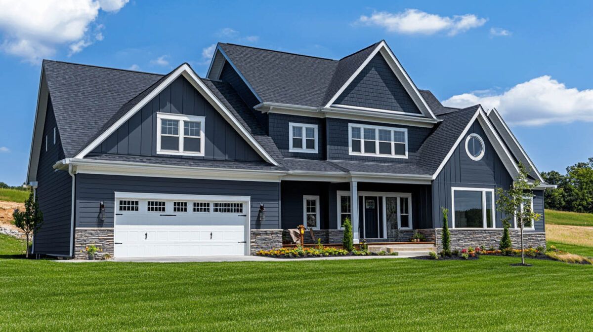 Gray suburban house with white trim, a front porch, and a large green lawn under a clear sky