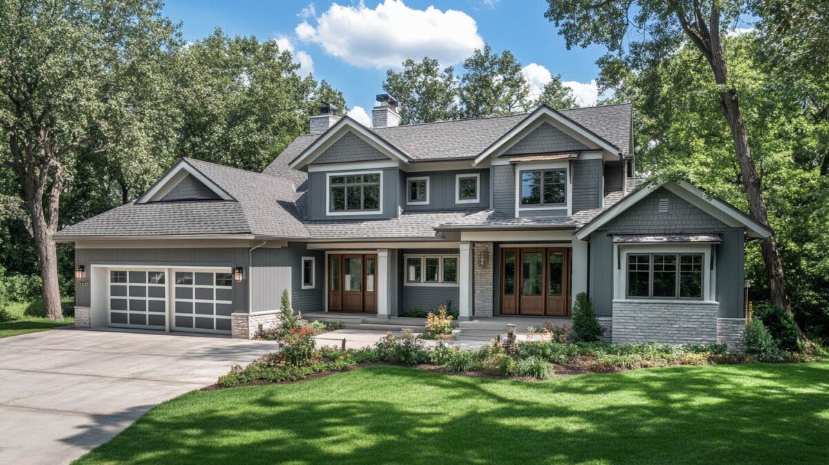 Large gray suburban house with two-story porch, attached garage, and a green lawn under a blue sky