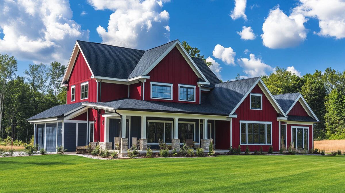 Red two-story farmhouse with a wraparound porch on a green lawn under a blue sky.