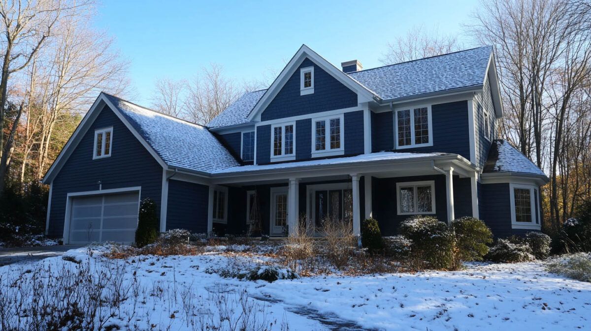 Blue-gray two-story house with snow-covered yard and attached garage in winter