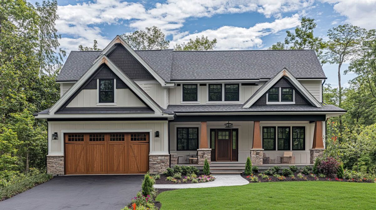 Modern two-story house with gray roof, wood garage door, and landscaped front yard