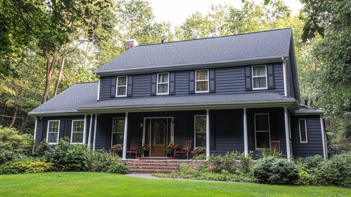 Two-story gray house with a covered porch, red chairs, and a green lawn surrounded by trees