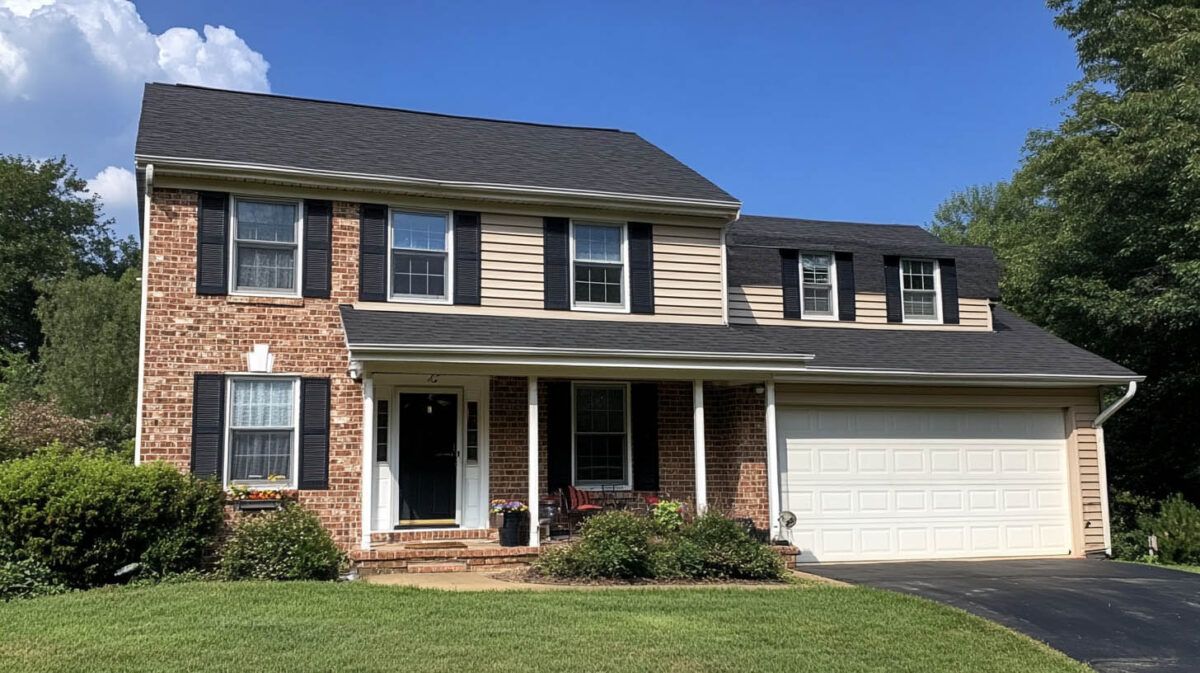 Two-story brick suburban house with a front porch, white garage, and green lawn under a blue sky