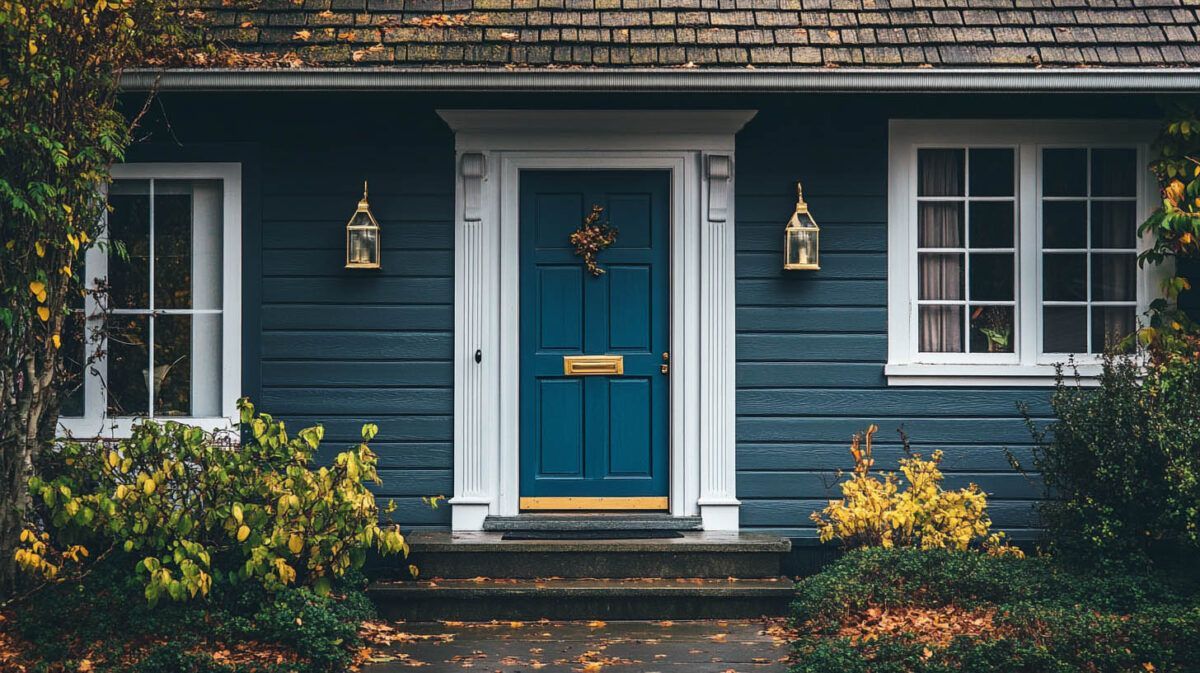 Blue front door on a dark house exterior, framed by white trim, lanterns, and potted plants