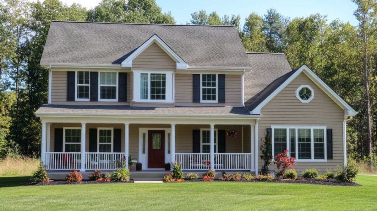 Two-story beige house with a front porch, dark shutters, and a well-kept lawn