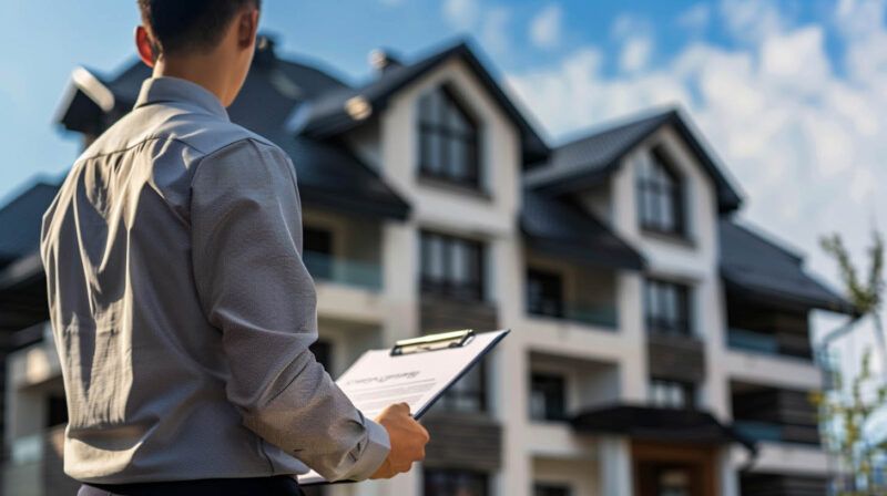 Person holding a clipboard in front of a house, inspecting the exterior.