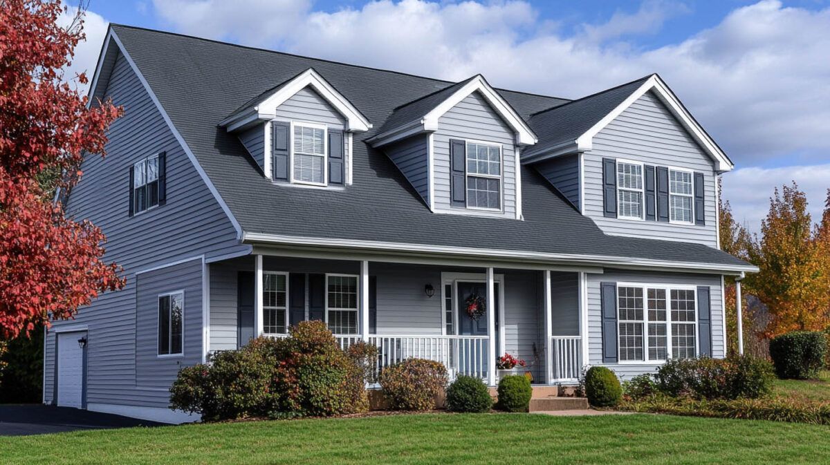Two-story gray house with white trim, dormer windows, and a front porch surrounded by a green lawn and autumn trees