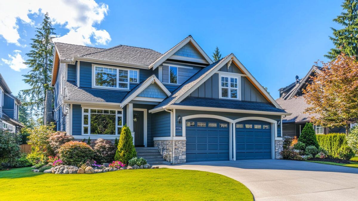 Blue-gray suburban house with a two-car garage, stone accents, and a landscaped front yard on a sunny day