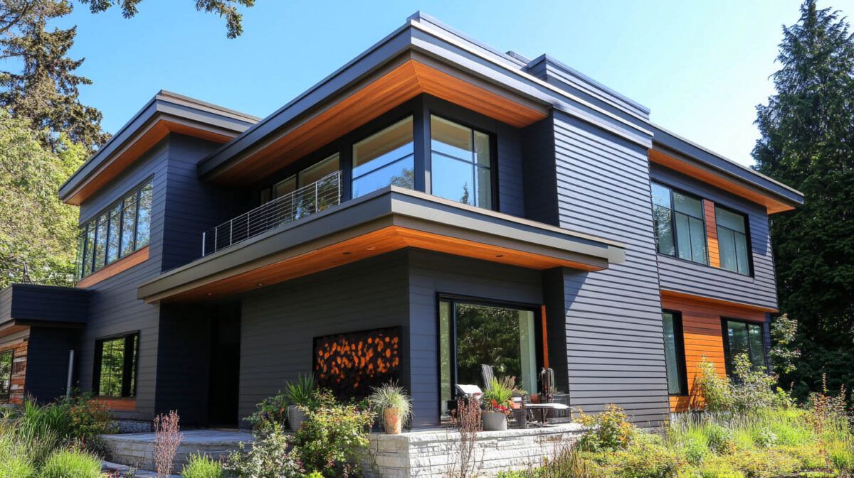 Modern two-story house with dark siding, wood trim, and a balcony amid landscaped greenery