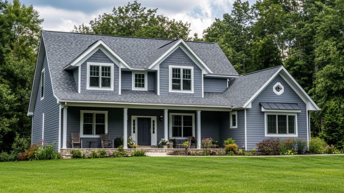 Gray farmhouse with white trim and dormer windows, set on a green lawn with trees behind it