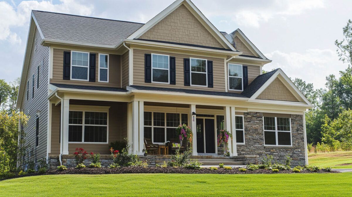 Two-story tan house with stone accents, white columns, and a green lawn