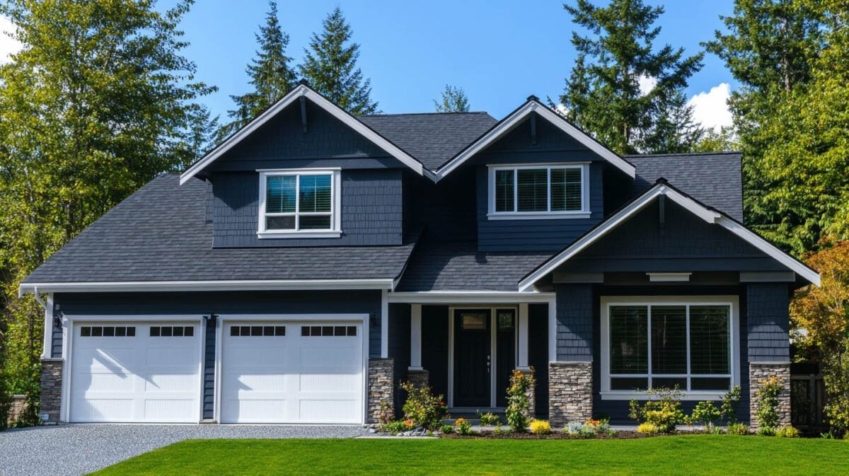 Dark gray two-story suburban house with white trim, double garage, and green lawn