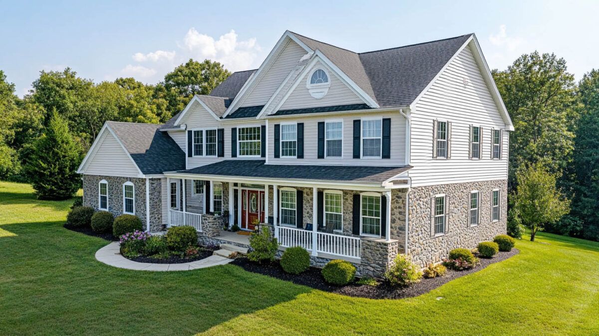Large two-story white house with stone facade, porch, and manicured lawn surrounded by trees
