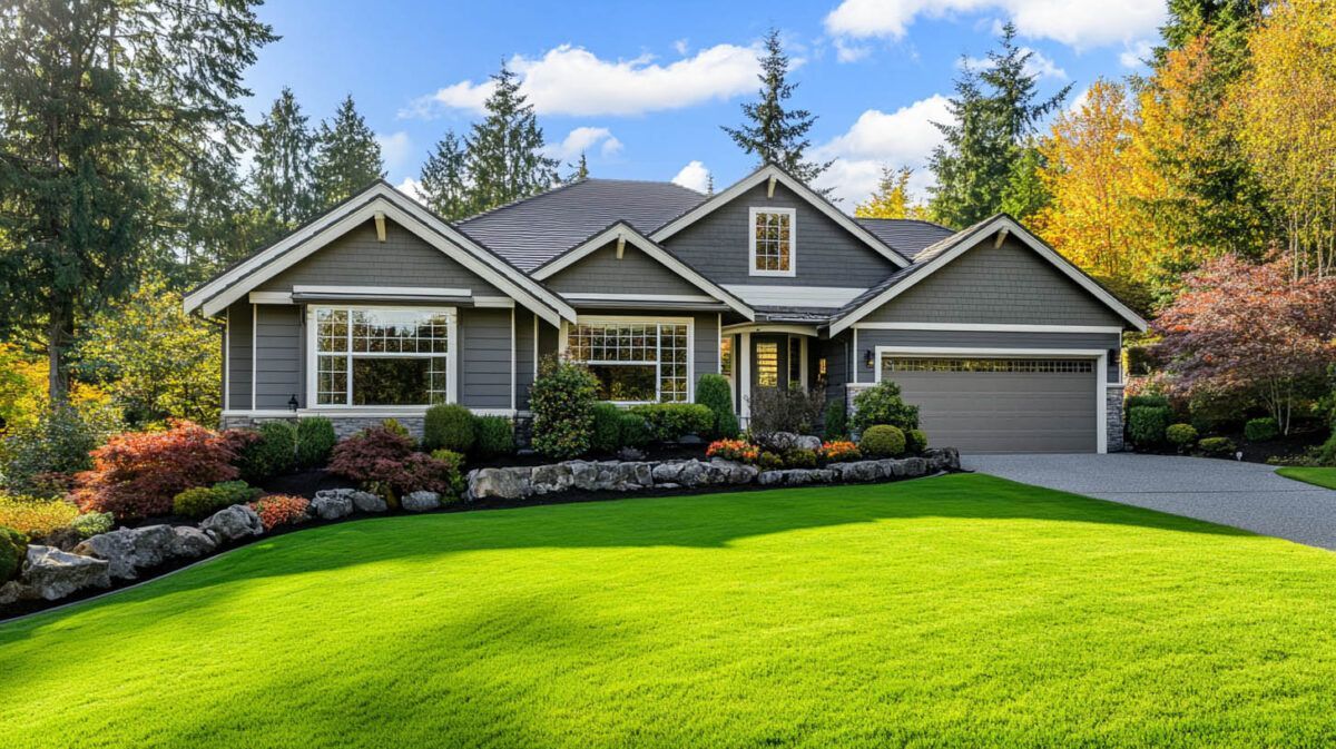 Suburban house with gray siding, white trim, and a bright green lawn in front of autumn trees