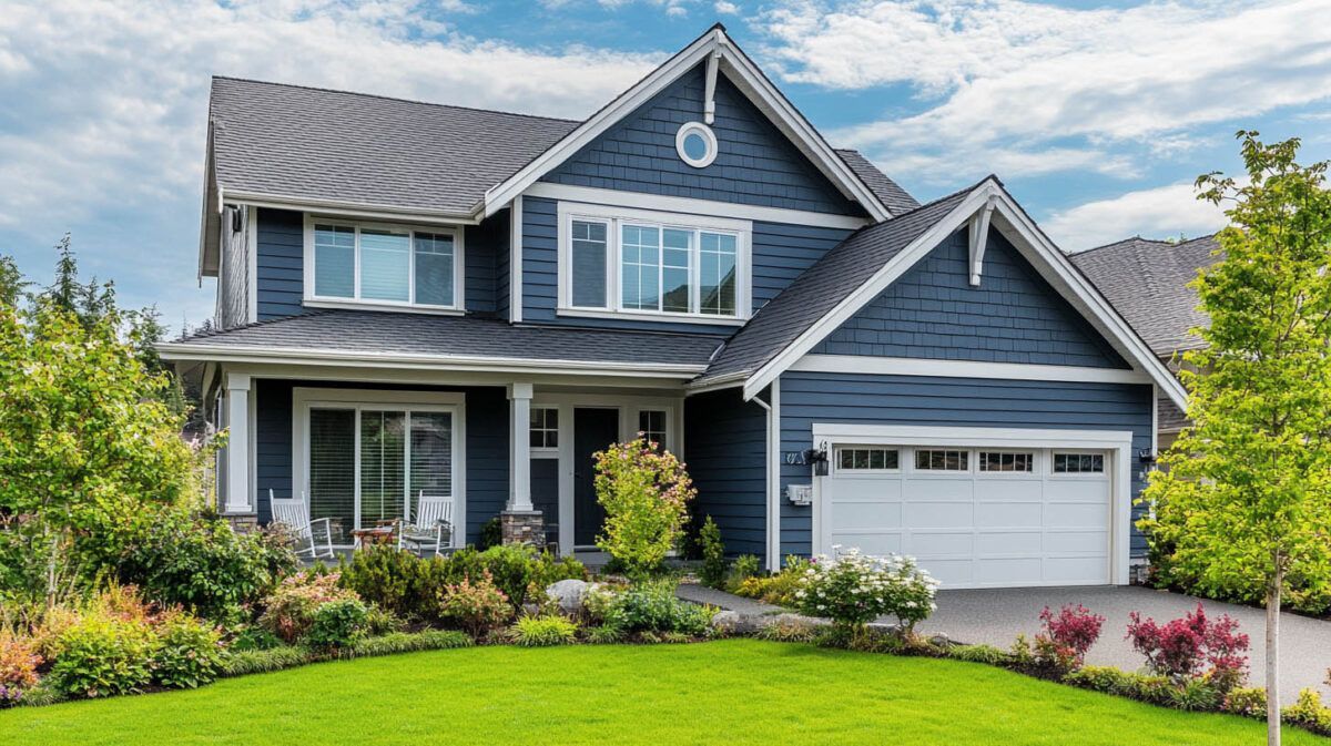 Suburban two-story gray house with white trim, garage, and a green lawn under a partly cloudy sky