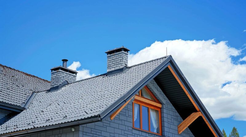 Gray slate-roof house with wood-trimmed dormer windows under a bright blue sky