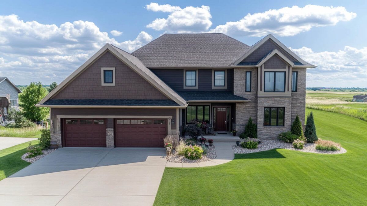 Two-story suburban house with stone facade, two-car garage, and landscaped front yard under a blue sky