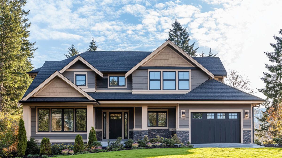 Modern two-story suburban house with gray siding, dark roof, and a two-car garage