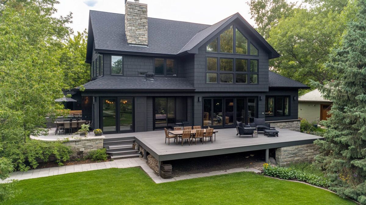 Dark gray two-story house with stone chimney and large deck overlooking a green backyard