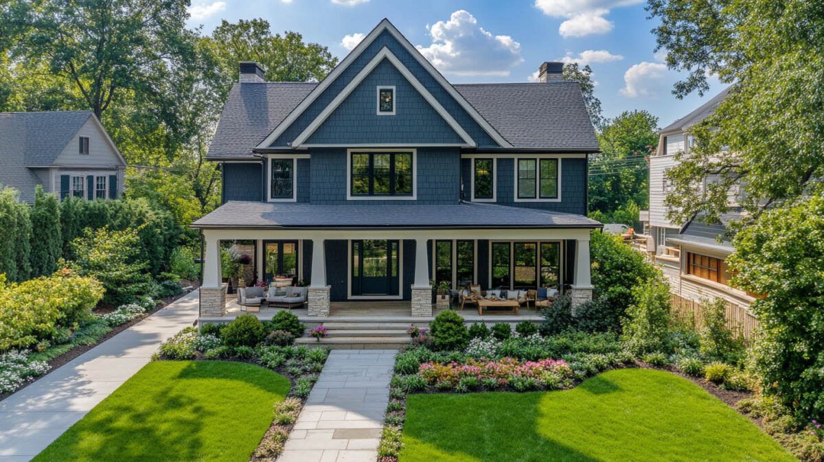 Blue two-story house with a front porch, manicured lawn, and landscaped garden in a sunny neighborhood