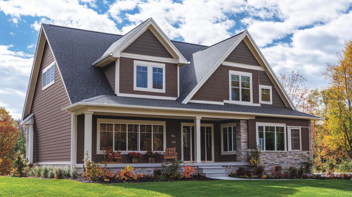 Two-story suburban house with brown siding, gabled roof, and a front porch surrounded by green lawn and autumn trees