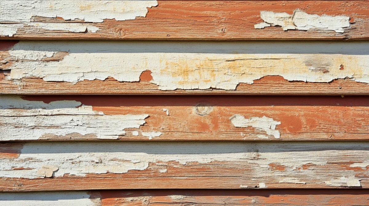 Weathered white paint peeling from horizontal wooden boards with reddish-brown gaps underneath.