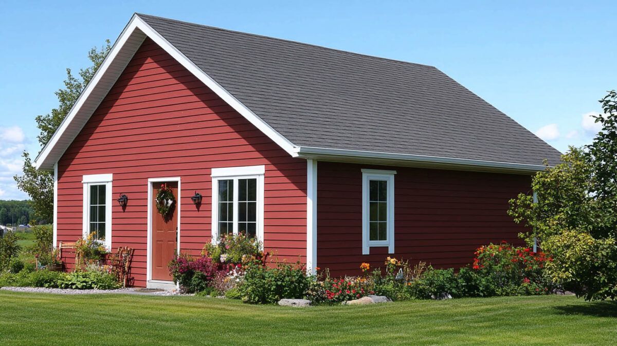 Red barn-style house with white trim and a curved gray roof, surrounded by green lawn and flowers.