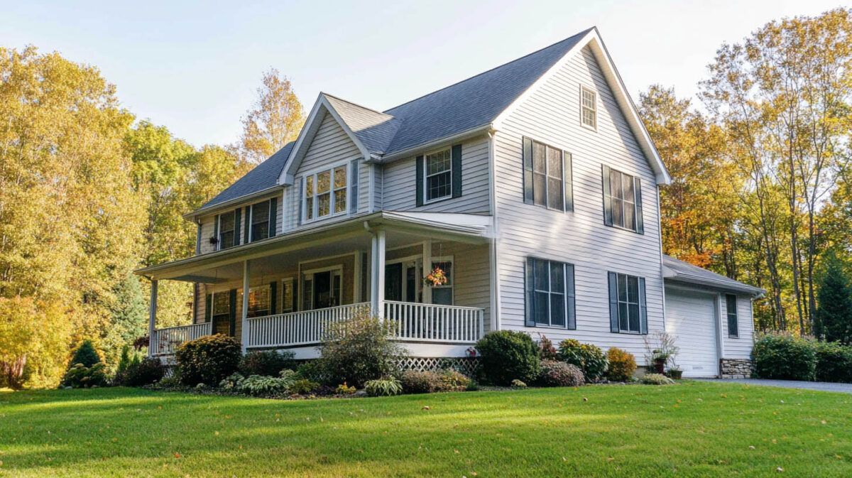 White two-story house with a front porch, gray roof, and green lawn surrounded by autumn trees