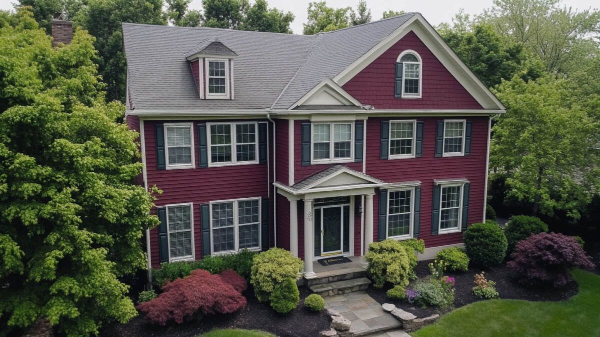Red two-story house with white trim, gabled roof, front porch, and landscaped yard surrounded by trees